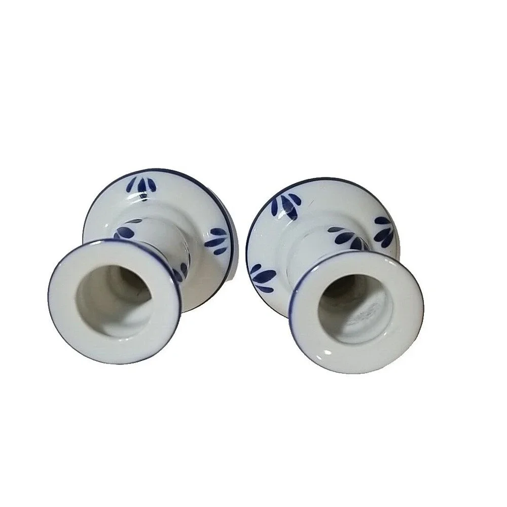 Vintage Blue White Ceramic Candlestick Holders Japan Delft Style Windmill Pair